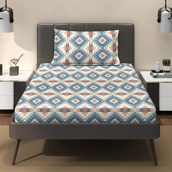 Serenity 100% Cotton Single Bedsheet with 1 Pillow Cover - Tribal Symmetry