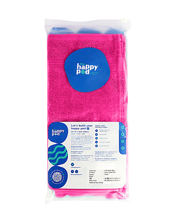 100% Premium Cotton Plush Face Towel, 500 GSM, Pack of 4
