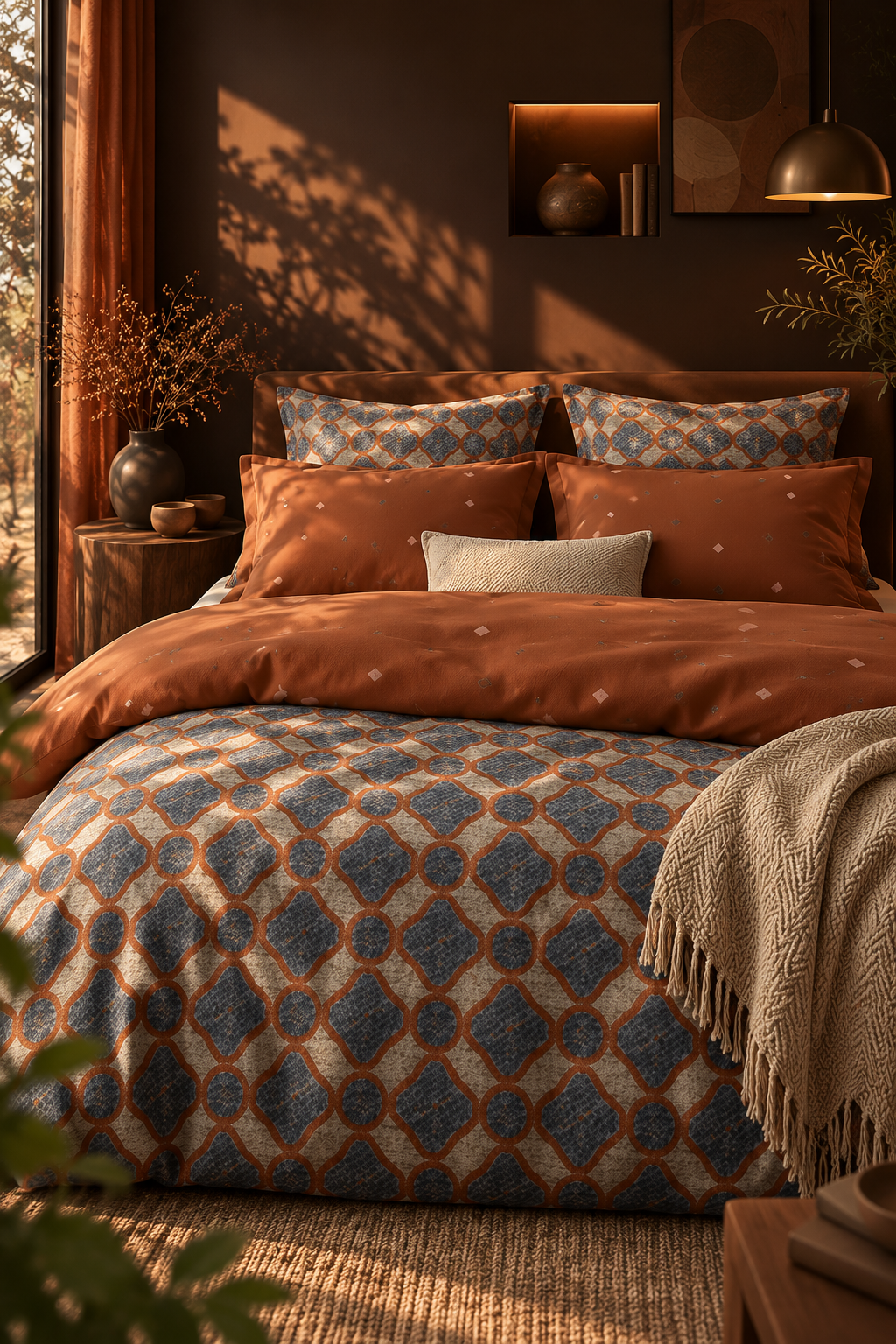 A neatly made bed in a sunlit Indian bedroom.